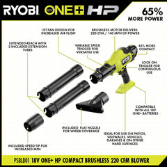 RYOBI 18V ONE+ HP 緊湊型無刷 220 CFM 鼓風機4AH 電池*1+叉機套裝(New) RYOBI 良明(美國)