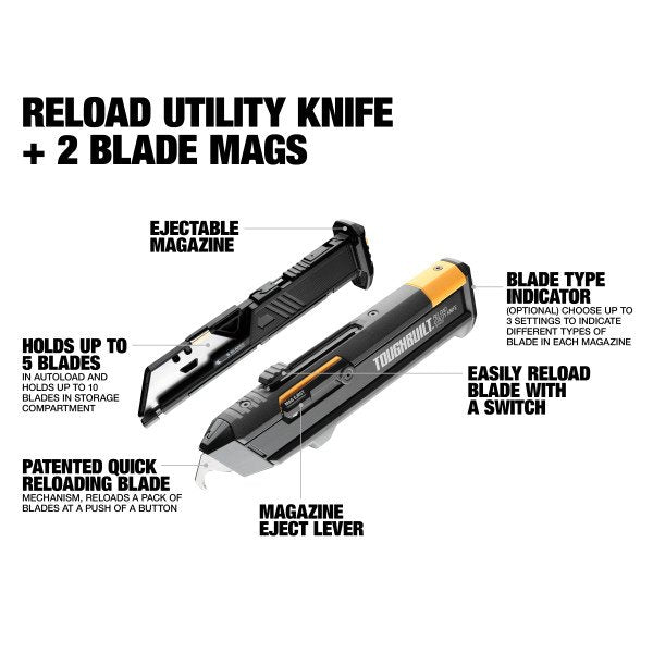 美國TOUGHBUILT RE-LOAD KNIFE BLADES INC 2X美工刀 + 2 個刀片彈匣(現貨) TOUGHBUILT