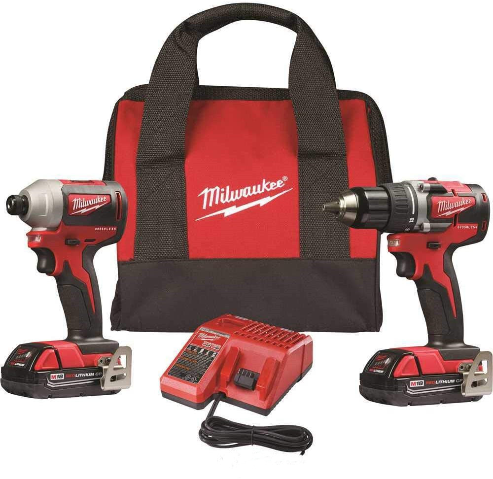 美行Milwaukee M18 緊湊型無刷雙工具鋰離子無刷無繩緊湊型鑽機/衝擊組合套裝(2 個工具)帶(2)2.0Ah 電池、充電器和包 MILWAUKEE美沃奇(美行)