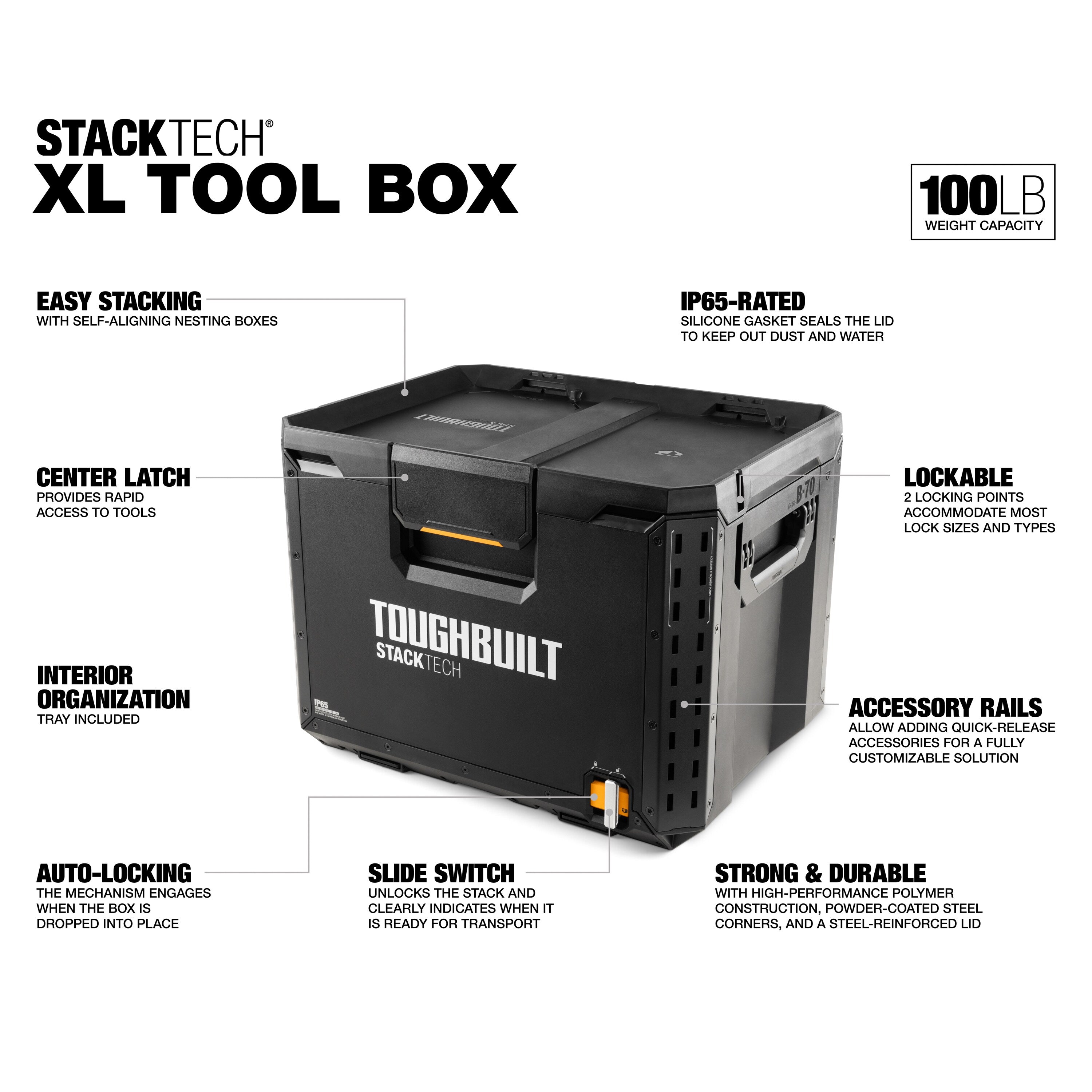 TOUGHBUILT STACKTECH XL 21 吋黑色塑膠可上鎖工具箱 TOUGHBUILT