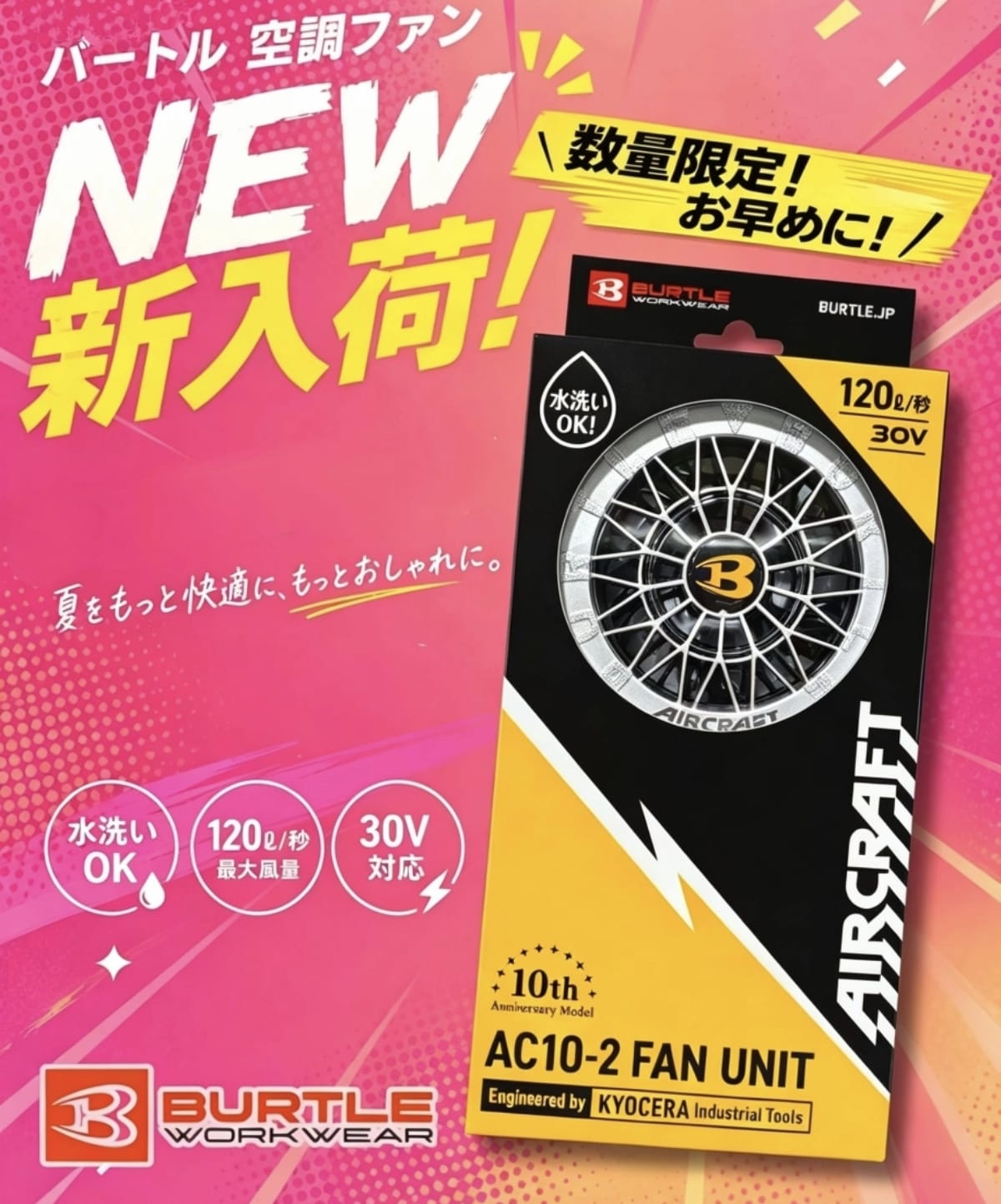 [ 現貨發售]★2026 最新款30v風扇衫專用風扇★★ [日本直送BURTLE 30V 2026 春夏風扇 burtle B仔 AC10-1 AC10-2] BURTLE 航空工作服，空調，可水洗，防中暑，僅風扇一對 BURTLE